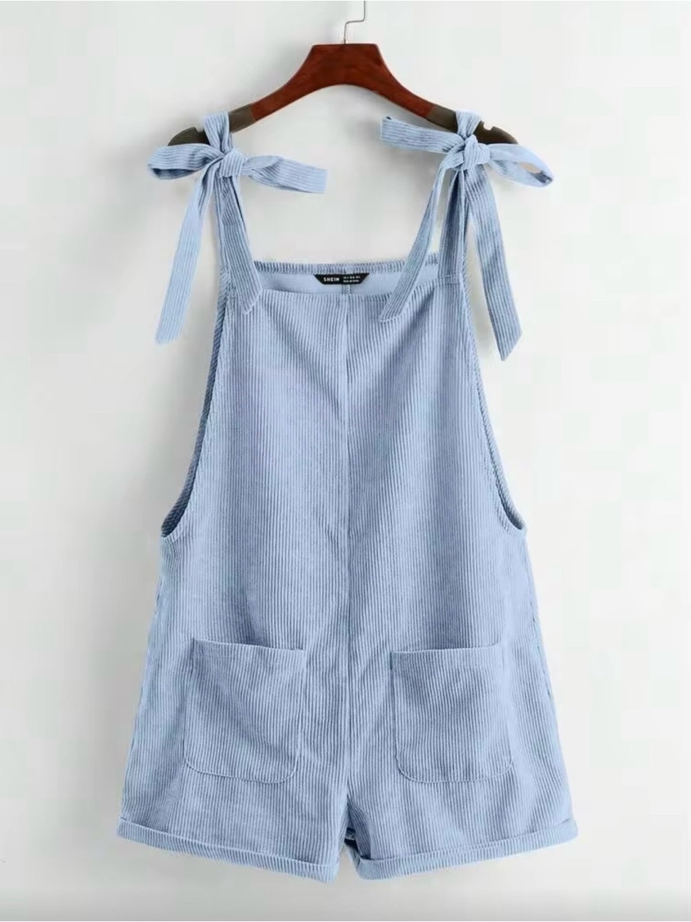 SHEIN EZwear Knot Shoulder Patch Pocket Roll Hem Pinafore Romper (LARGE)
